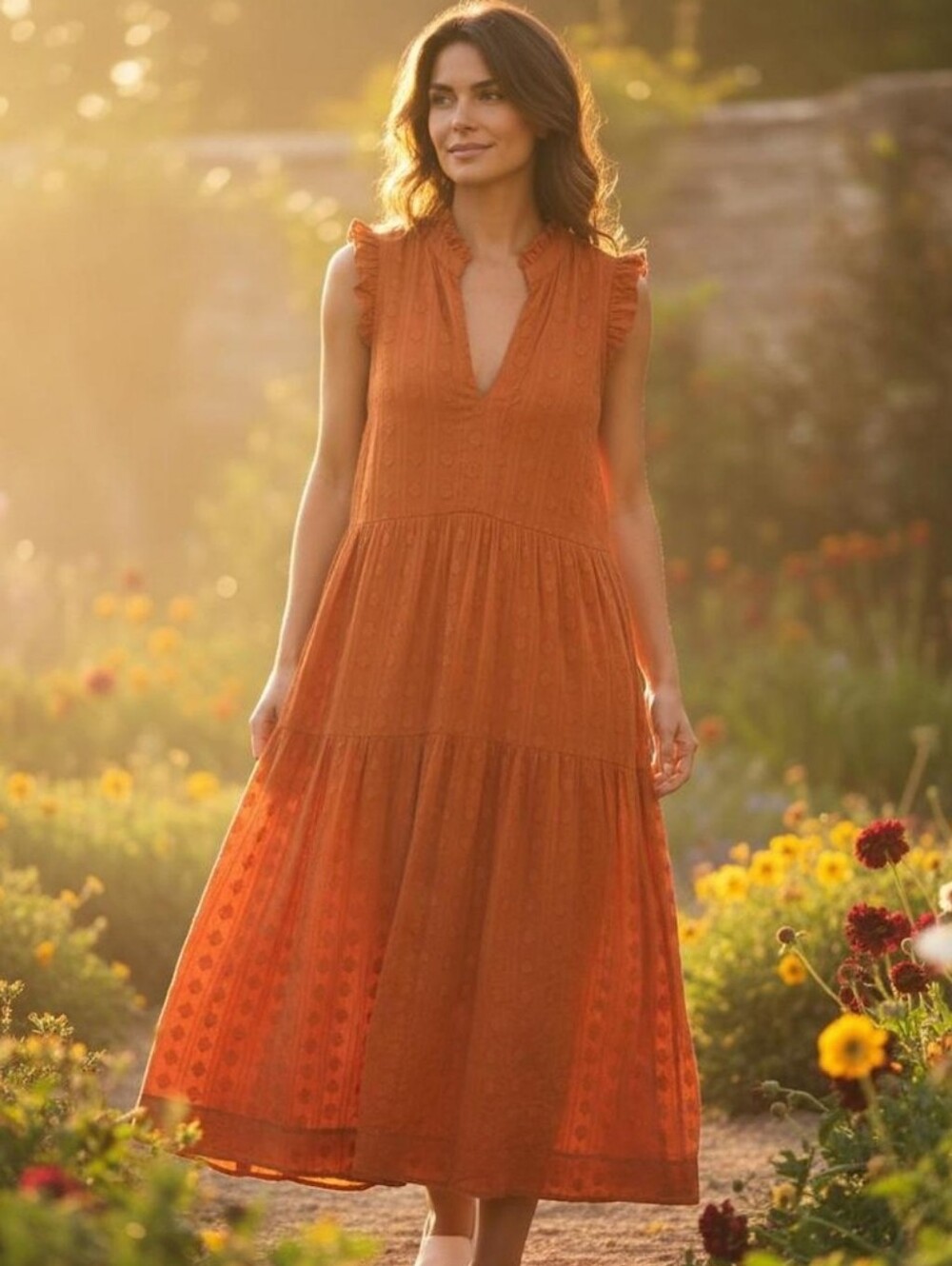 Mauve By Anthropologie Rust Sleeveless Tiered Maxi Dress